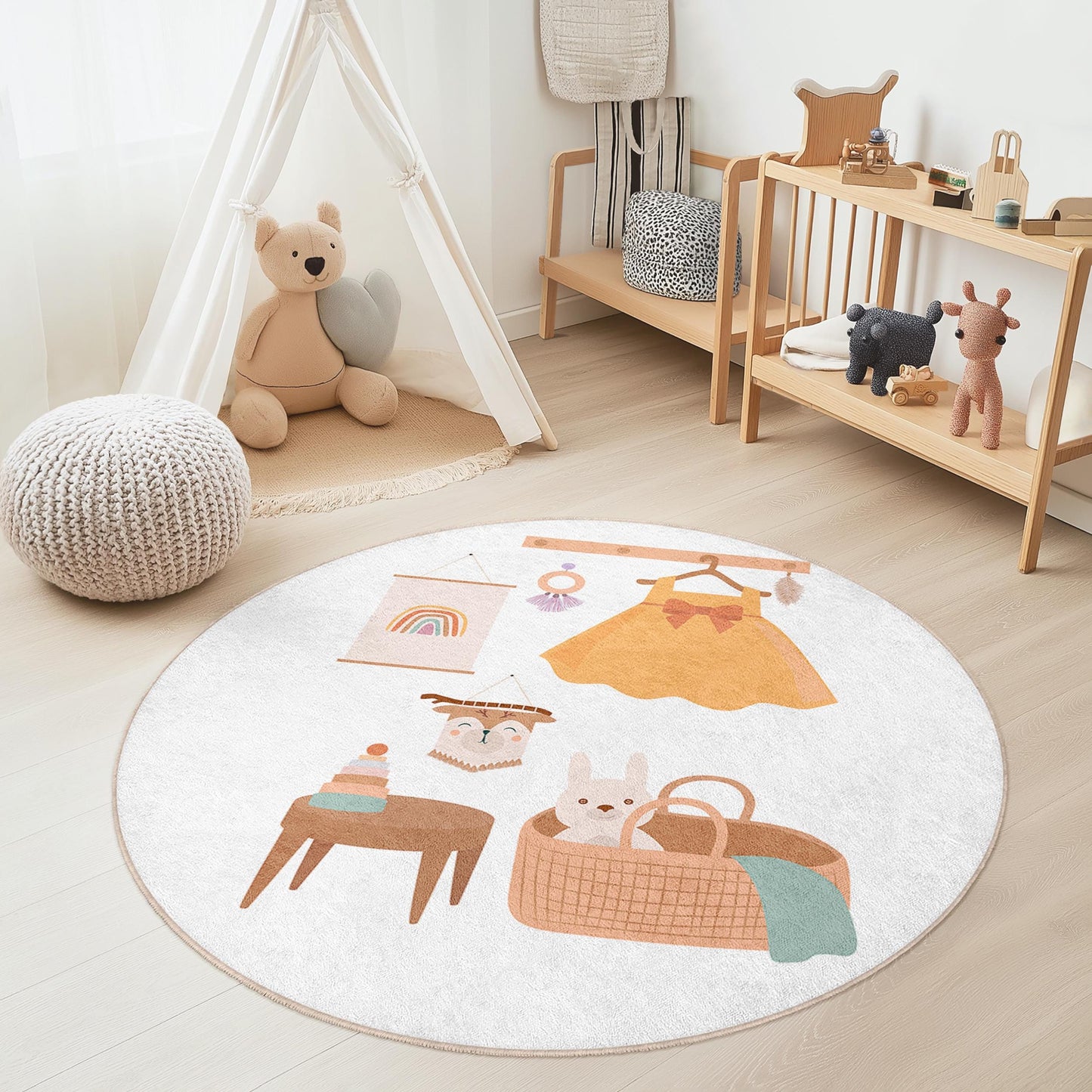Verspielter runder Kinderzimmerteppich, niedlicher Teppich mit Tiermotiven, fröhlicher Teppich für das Babyzimmer, Spielmatte fürs Kinderzimmer