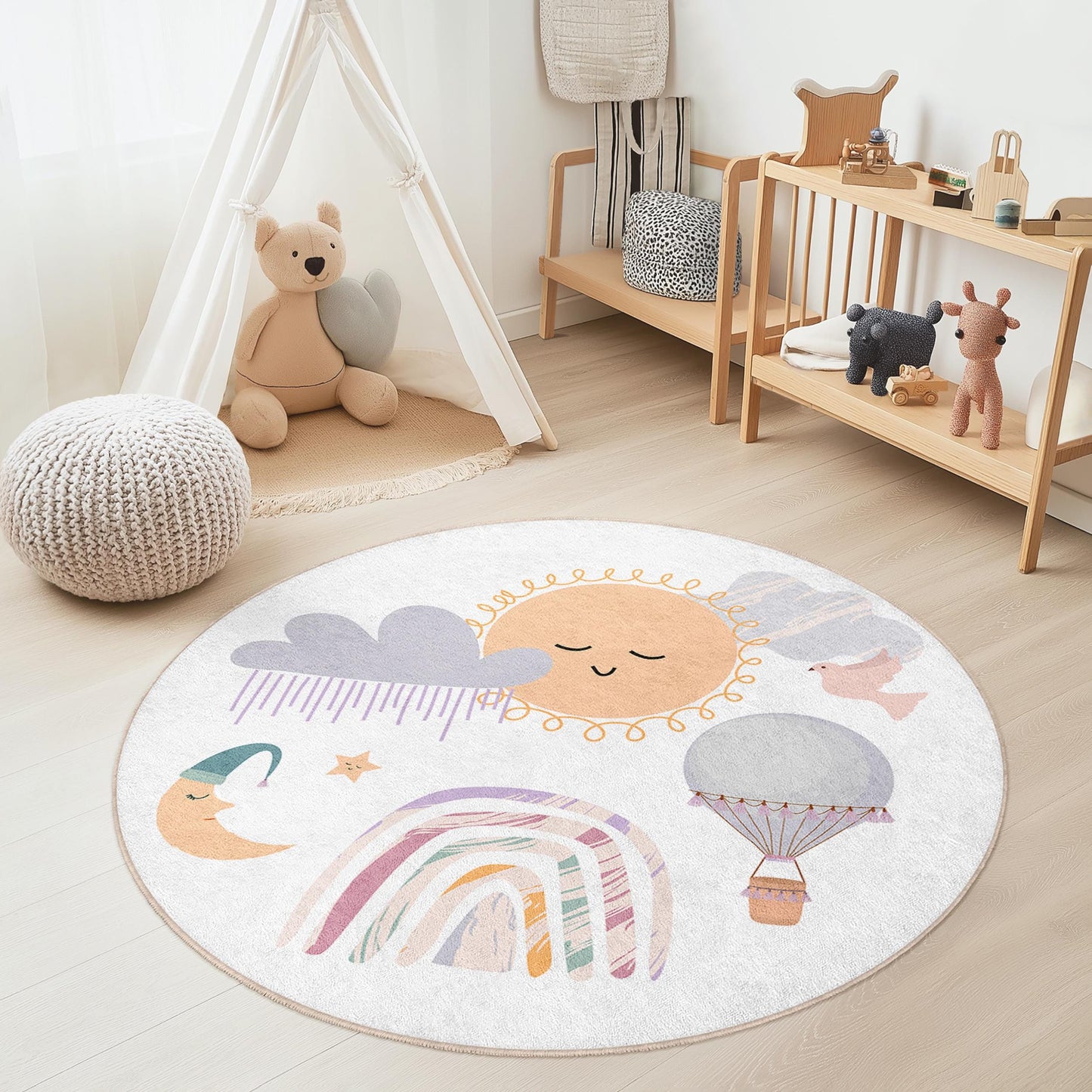 Runder Spielteppich „Sonnentag“ für Kinder, Teppich mit Himmelsmotiv fürs Kinderzimmer, niedliches Regenbogen- und Ballondesign, gemütliche Spielmatte fürs Kinderzimmer