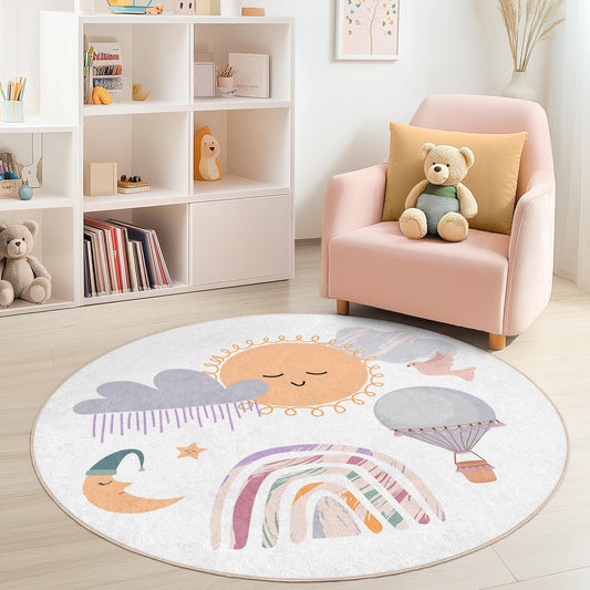 Sunny Day Round Kids Play Rug, Sky Theme Rug for Nursery, Cute Rainbow and Balloon Design, Cozy Play Mat for Children's Room
