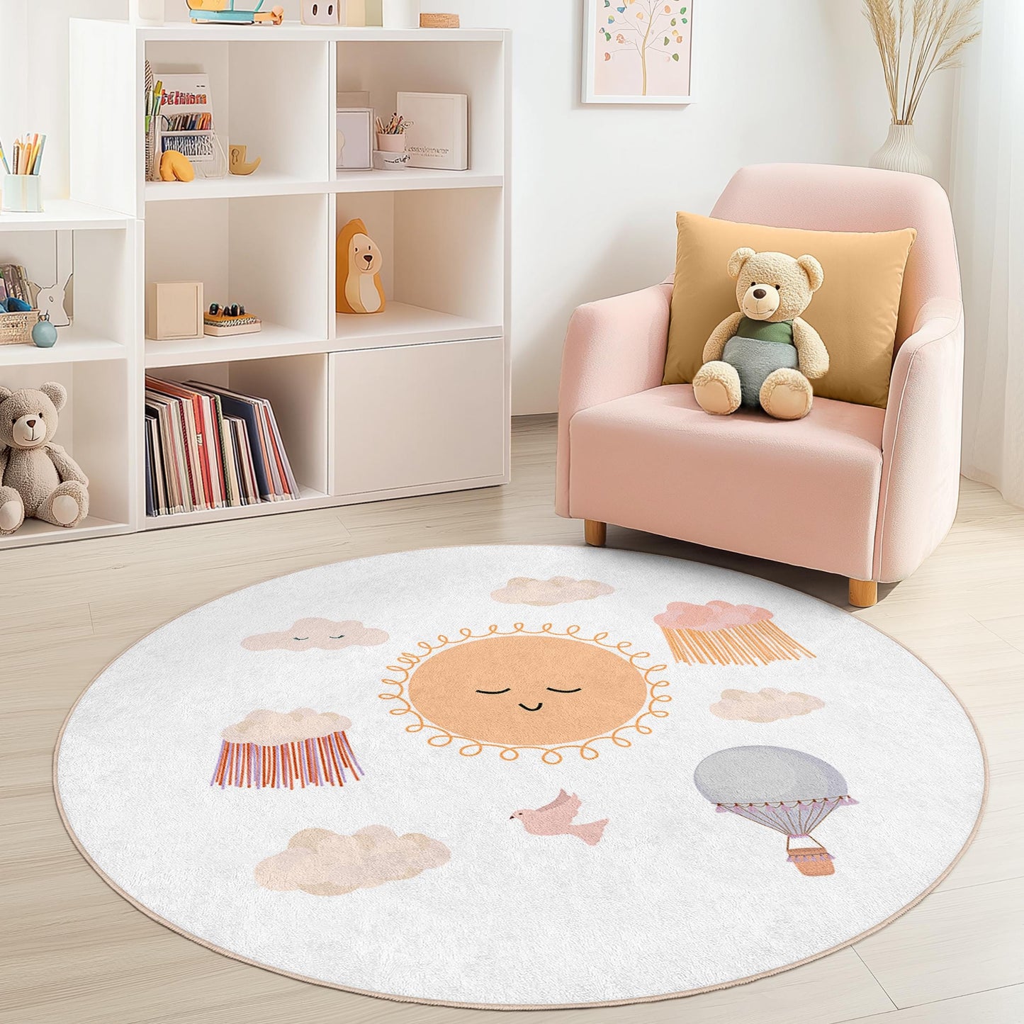 Runder Kinderteppich „Sonniger Himmel“, niedliches Wolken- und Heißluftballonmotiv, Spielzimmerdeko, Kinderzimmerteppich