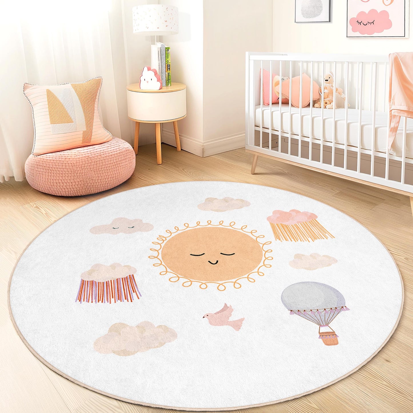 Runder Kinderteppich „Sonniger Himmel“, niedliches Wolken- und Heißluftballonmotiv, Spielzimmerdeko, Kinderzimmerteppich