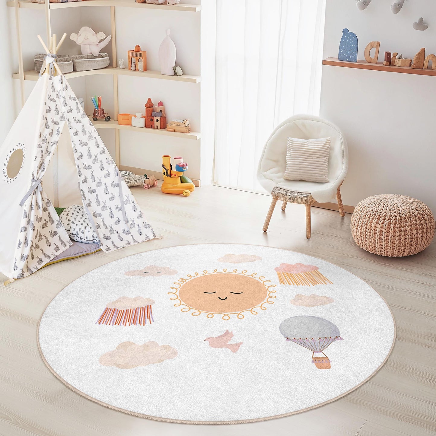 Runder Kinderteppich „Sonniger Himmel“, niedliches Wolken- und Heißluftballonmotiv, Spielzimmerdeko, Kinderzimmerteppich