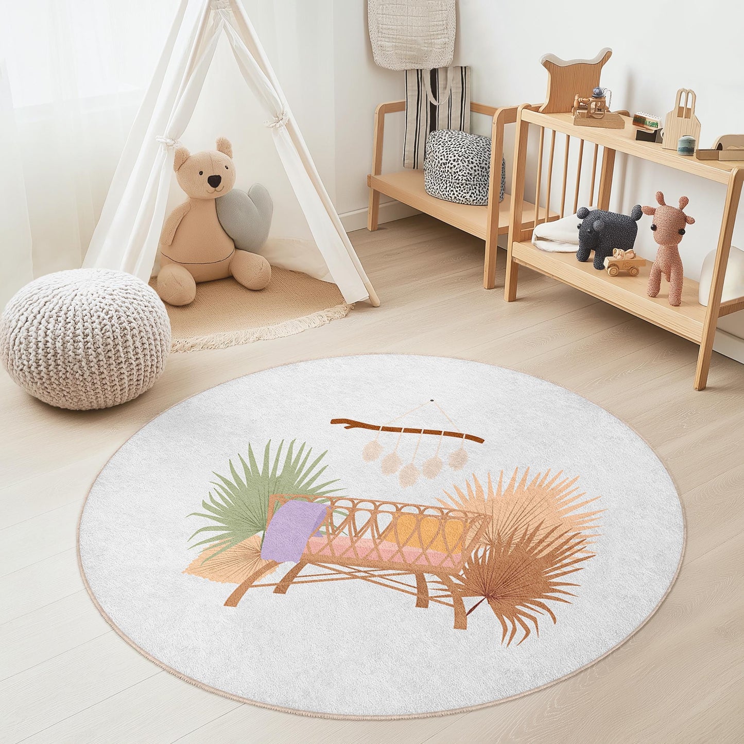 Runder Kinderzimmerteppich mit tropischen Pflanzen, weiche Spielmatte für Kinder, Babyzimmerdekoration, umweltfreundlicher runder Teppich, gemütlicher Kinderzimmerteppich