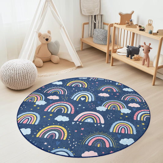 Rainbow Themed Round Kids Play Rug, Colorful Cloud and Rainbow Design, Soft Area Rug for Kids Room, Nursery Decor, Playroom Mat