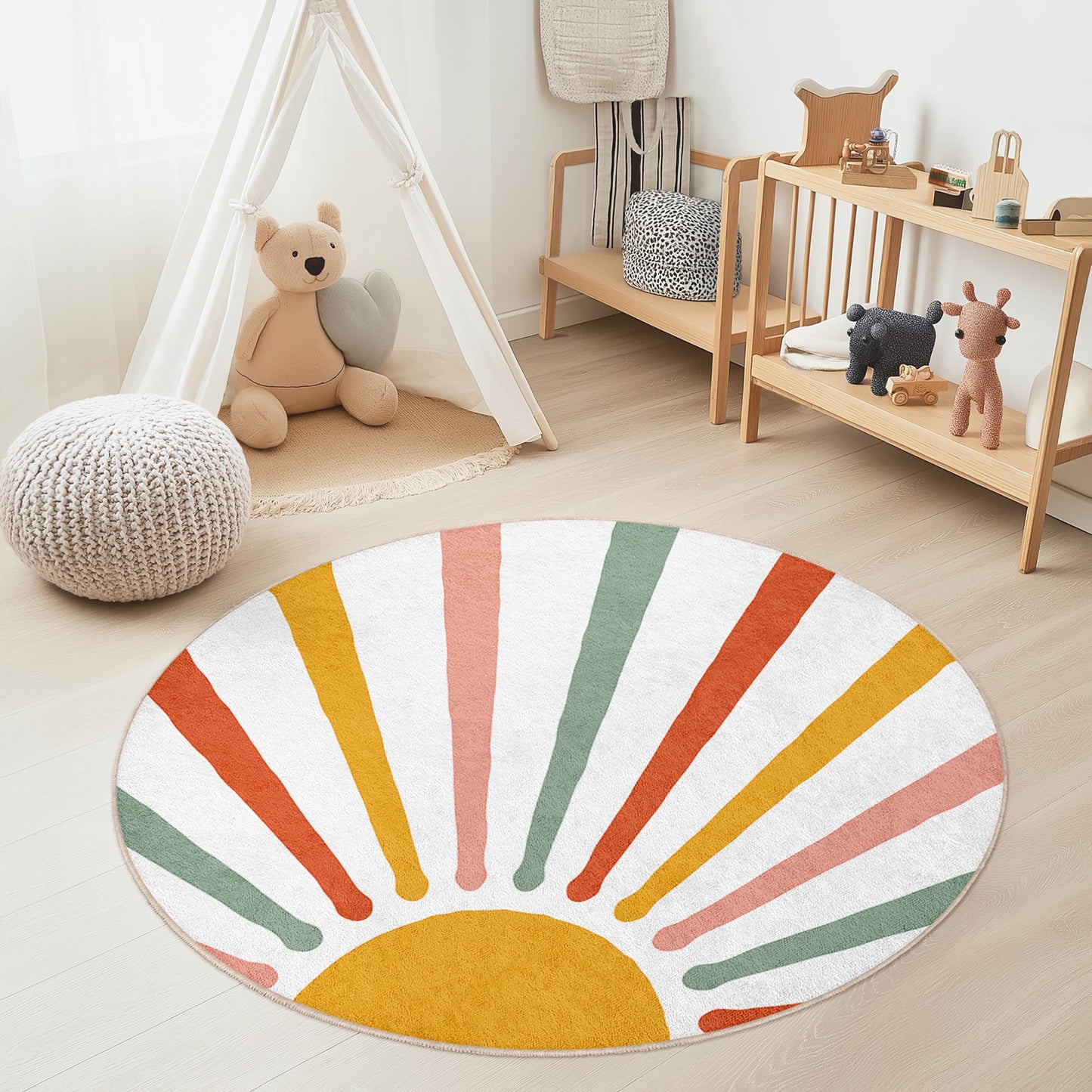 Strahlender runder Kinderteppich mit Sonnenmotiv, farbenfroher Spielzimmerteppich, Kinderzimmerdekoration, weicher runder Teppich, leuchtender Kinderzimmerteppich