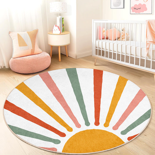 Radiant Sunburst Round Kids Rug, Colorful Playroom Carpet, Nursery Decor, Soft Round Area Rug, Bright Children's Room Rug