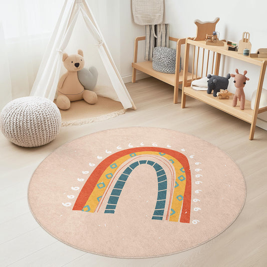 Colorful Rainbow Round Kids Rug, Playful Round Carpet for Childrens Room, Nursery Decor, Soft Round Area Rug