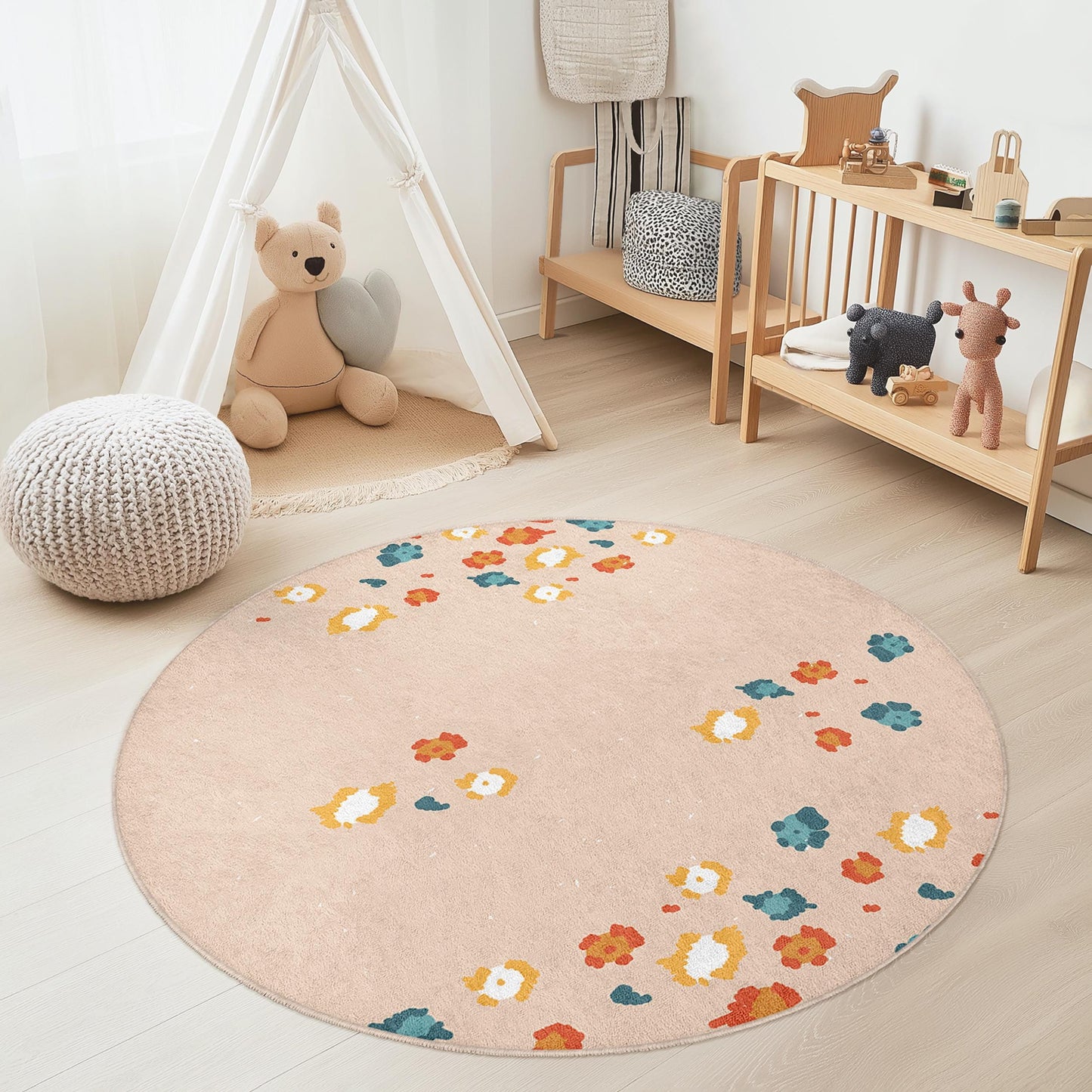 Runder Teppich mit Blumenmuster, Kinderzimmerdeko, weicher runder Teppich, Spielzimmerteppich, Kinderzimmerteppich, Spielmatte für Kinder