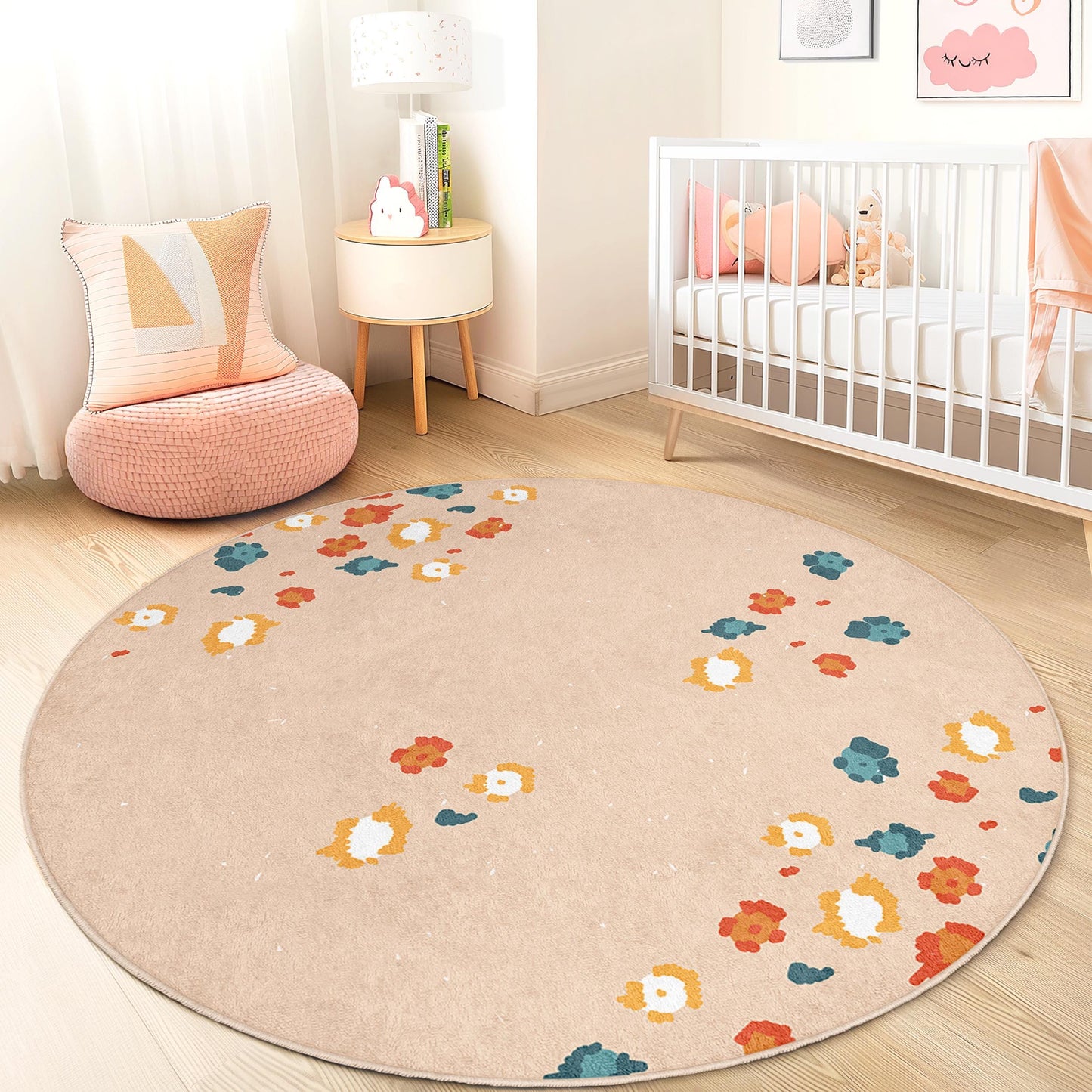Floral Pattern Round Area Rug, Kids Room Decor, Soft Round Carpet, Playroom Rug, Nursery Area Rug, Kids Play Mat
