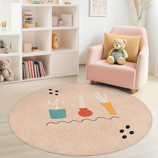 Colorful Round Kids Rug with Plant Design, Soft Nursery Carpet, Playroom Decor, Round Floral Rug, Children Room Mat