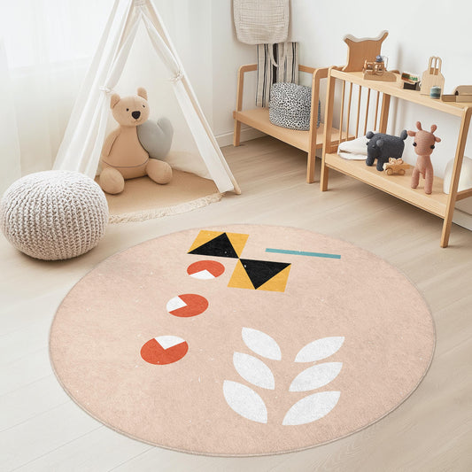 Geometric Pattern Round Kids Rug, Colorful Playroom Mat, Soft Circle Carpet for Children's Room, Modern Nursery Decor