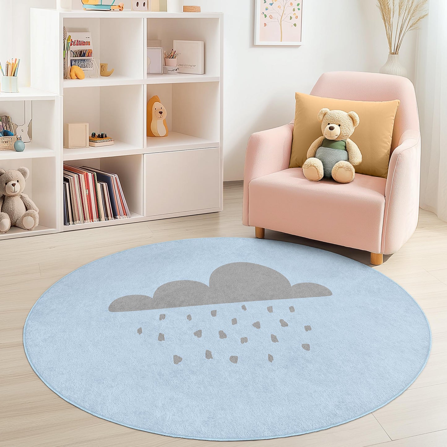 Runder Kinderteppich „Bewölkter Tag“, niedliche Regenwolken-Spielmatte, Kinderzimmerdeko, weicher runder Teppich für Kinderzimmer, Spielzimmerteppich