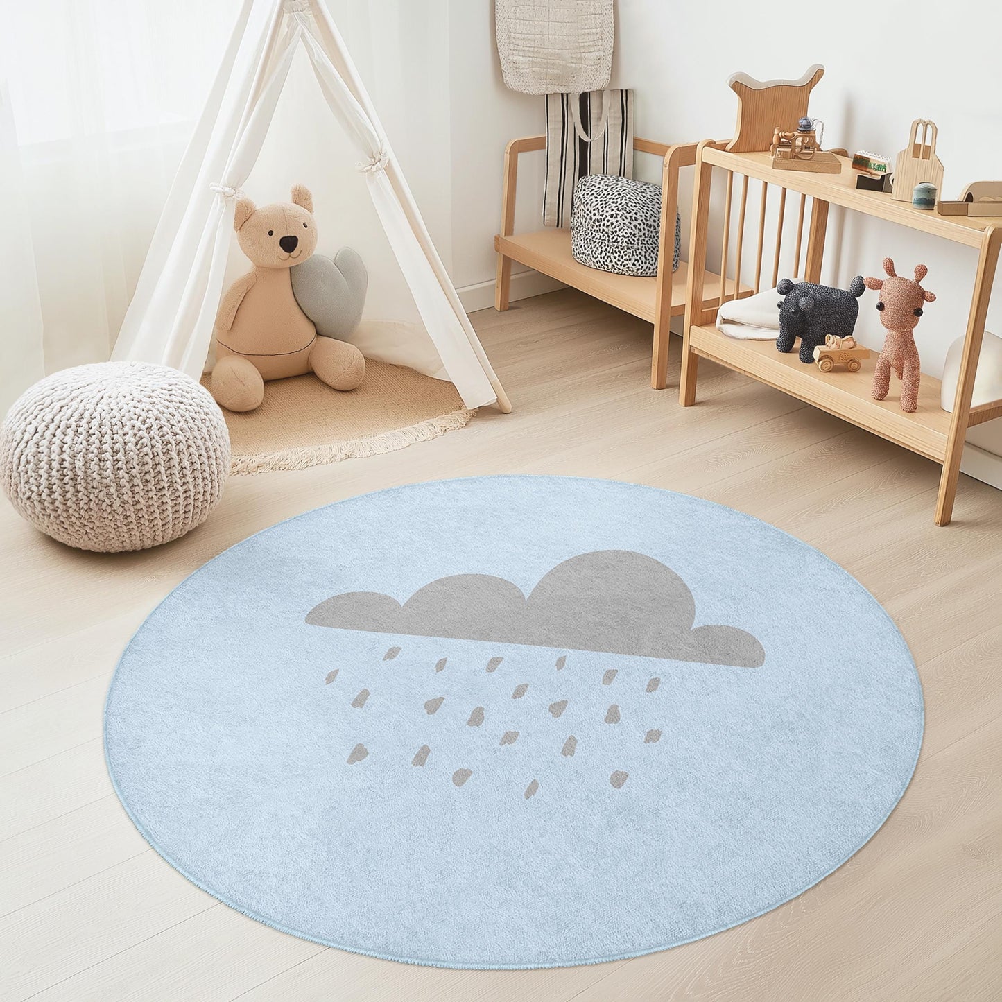 Runder Kinderteppich „Bewölkter Tag“, niedliche Regenwolken-Spielmatte, Kinderzimmerdeko, weicher runder Teppich für Kinderzimmer, Spielzimmerteppich