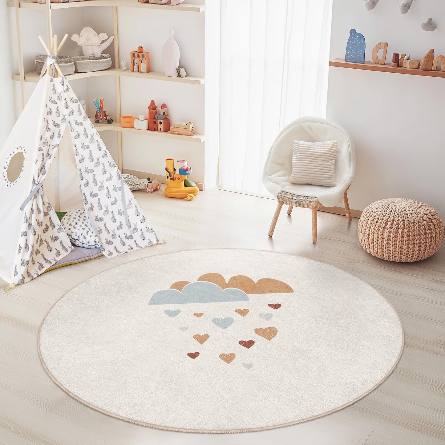 Runder Kinderteppich mit niedlichem Wolken- und Herzmuster, Spielzimmerdeko, weiche Kinderzimmermatte, Babyzimmerteppich, bezaubernder Kinderteppich