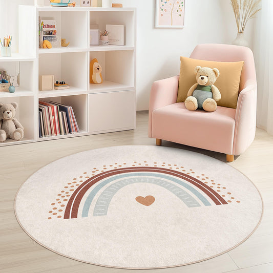 Rainbow Round Kids Play Rug, Circular Colorful Nursery Carpet, Soft Play Mat for Children's Room, Toddler Decor, Cozy Kids Rug