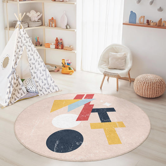 Colorful Geometric Round Rug, Modern Round Area Rug, Playful Kids Room Rug, Soft Round Carpet for Nursery, Creative Decor