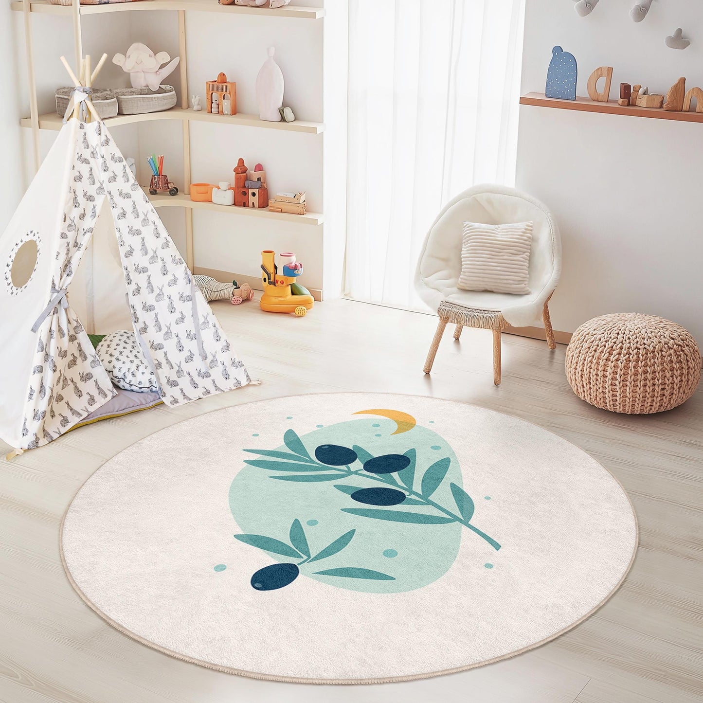 Runder Kinderteppich mit Olivenzweig-Motiv, Naturmotiv fürs Kinderzimmer, weiche Spielmatte, runder Dekoteppich