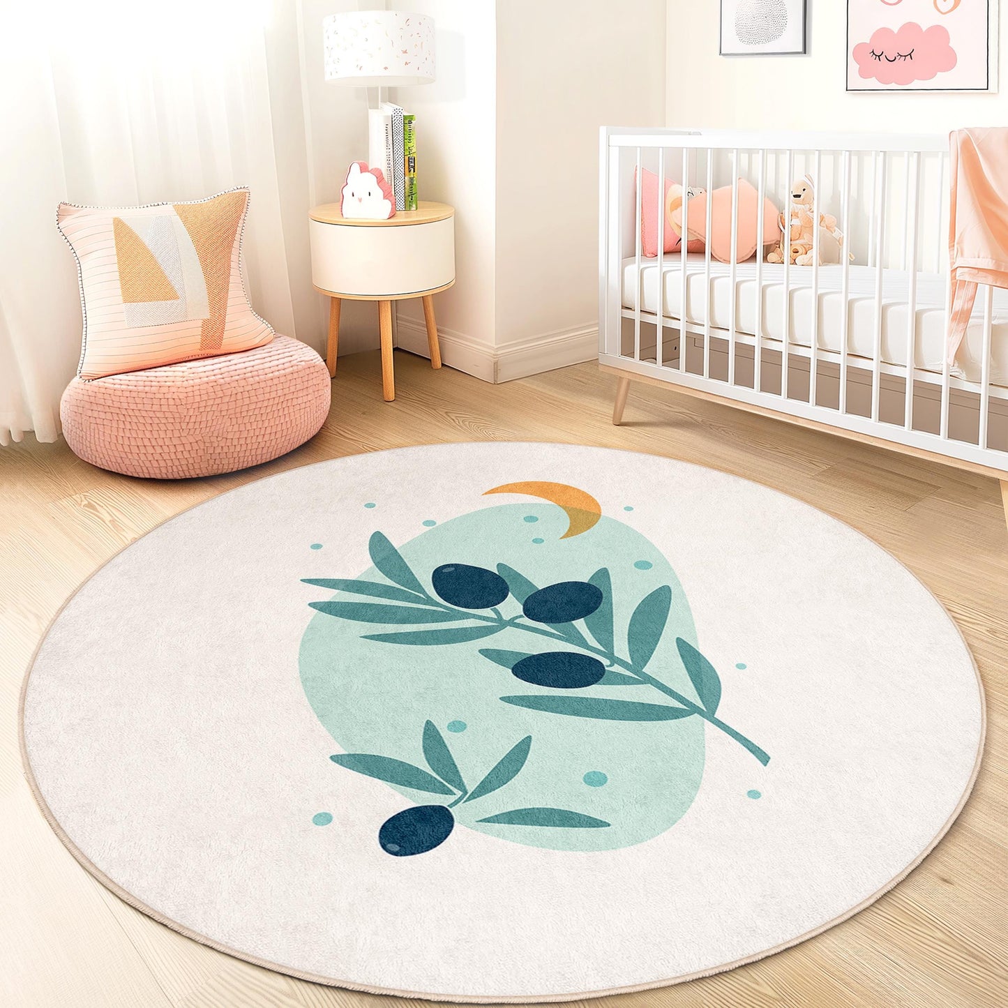 Runder Kinderteppich mit Olivenzweig-Motiv, Naturmotiv fürs Kinderzimmer, weiche Spielmatte, runder Dekoteppich