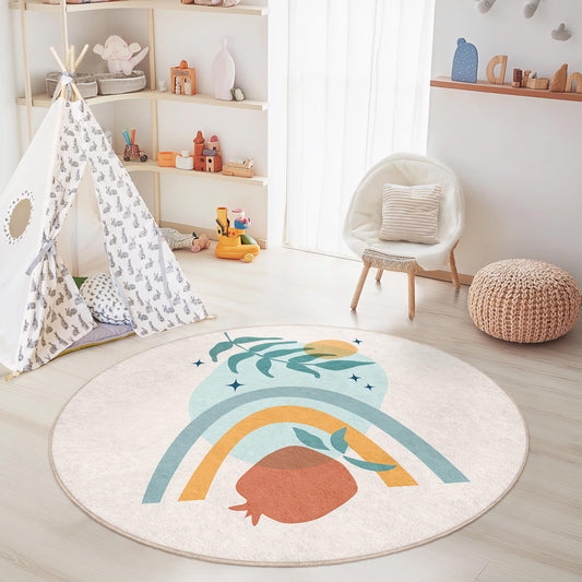 Colorful Rainbow and Leaf Round Kids Rug, Playful Nursery Decor, Soft Round Carpet for Children's Room, Unique Kids Play Mat