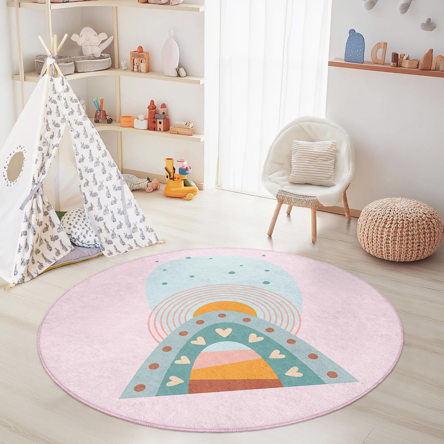 Regenbogenherz-Spielteppich für Kinder, bunte runde Spielmatte, niedliche Kinderzimmerdekoration, Kinderzimmerteppich, weicher Spielzimmerteppich