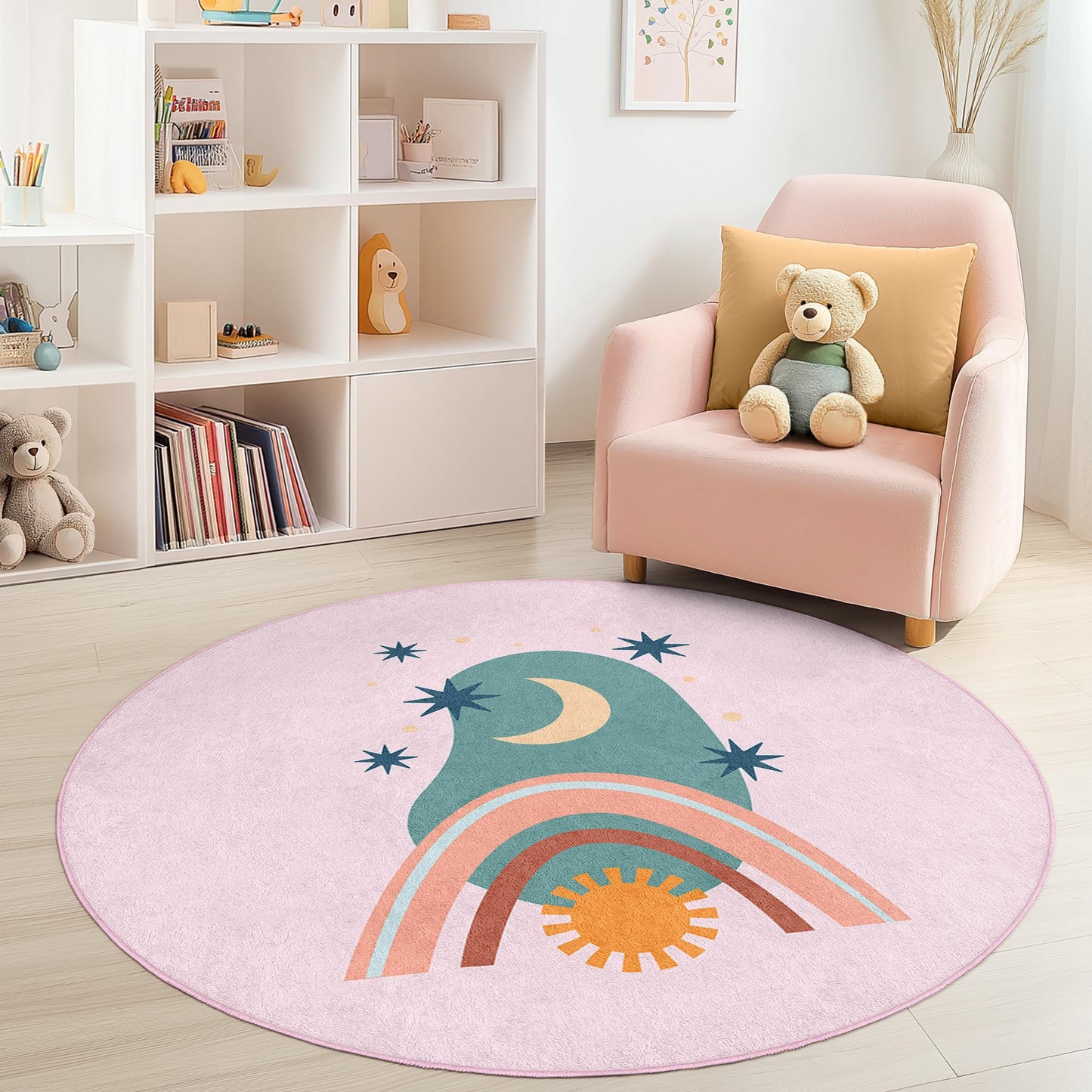 Verspielter runder Kinderteppich mit Regenbogen- und Mondmotiv, farbenfroher Spielzimmerteppich, weiche Kinderzimmerdekoration, Spielmatte für Kleinkinder, Kinderzimmerdesign