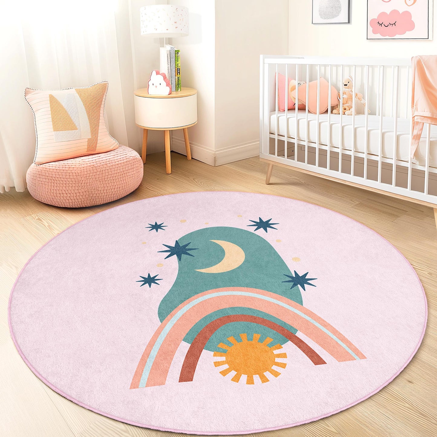 Verspielter runder Kinderteppich mit Regenbogen- und Mondmotiv, farbenfroher Spielzimmerteppich, weiche Kinderzimmerdekoration, Spielmatte für Kleinkinder, Kinderzimmerdesign