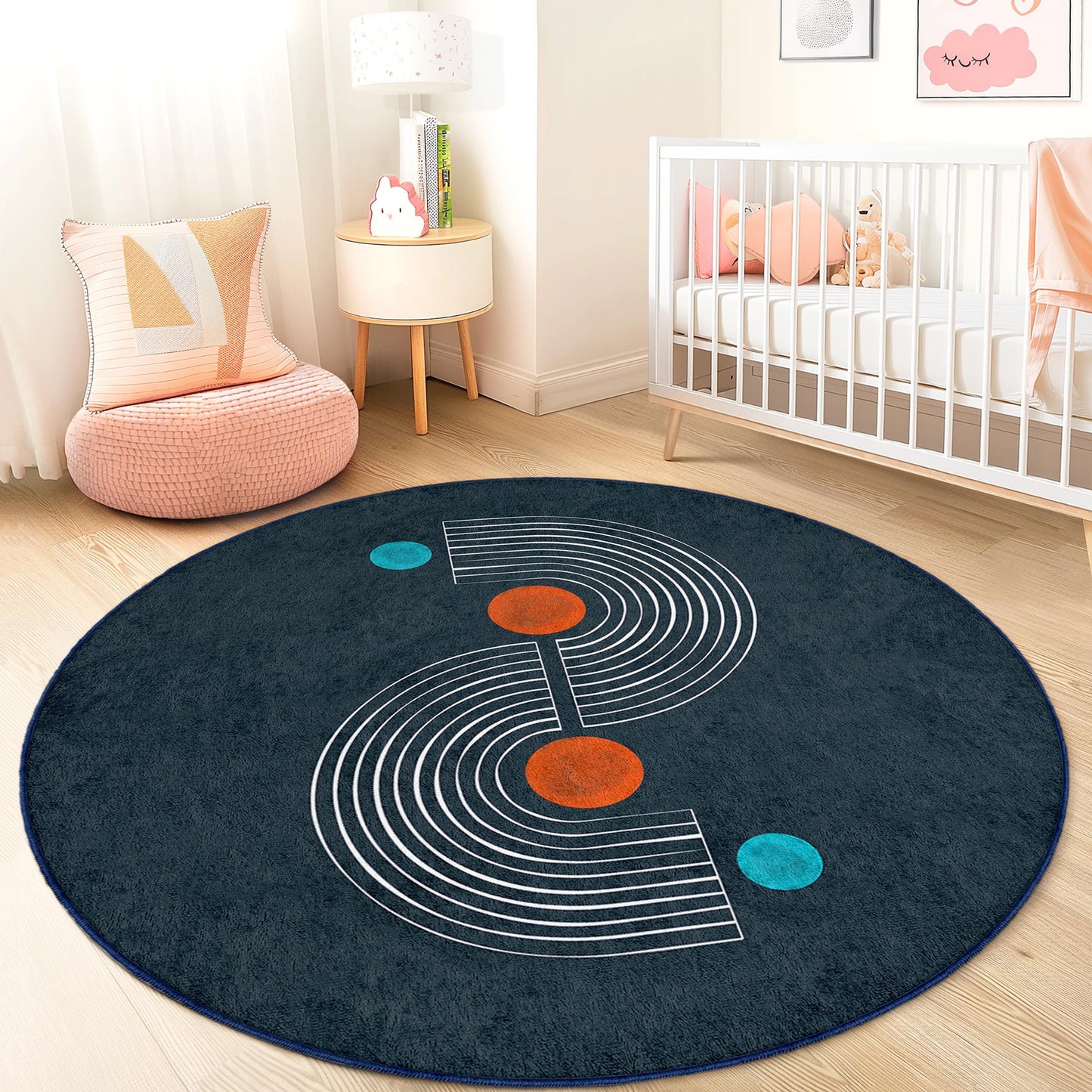 Geometrischer runder Teppich, moderner Kreisteppich, Kinderzimmerdeko, Spielzimmerteppich, weicher runder Teppich, stilvoller Kinderzimmerteppich