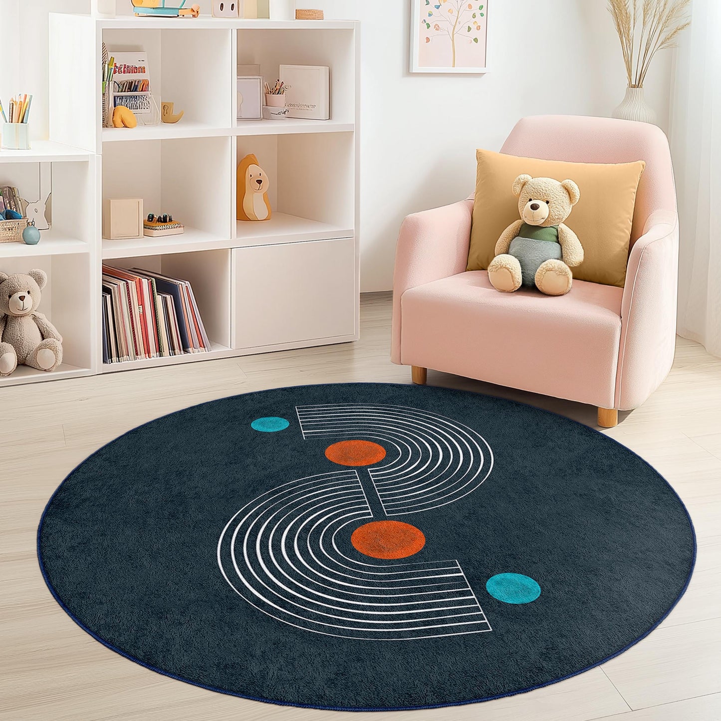 Geometric Round Area Rug, Modern Circle Rug, Kids Room Decor, Playroom Rug, Soft Circular Carpet, Stylish Nursery Rug