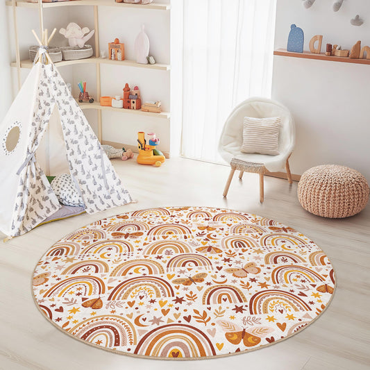 Whimsical Rainbow Round Kids Rug, Colorful Butterfly Play Mat, Nursery Decor, Soft Round Carpet for Children's Room