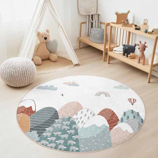 Mountain Landscape Round Kids Rug, Soft Play Mat for Nursery, Colorful Round Carpet for Children's Room, Playroom Decor