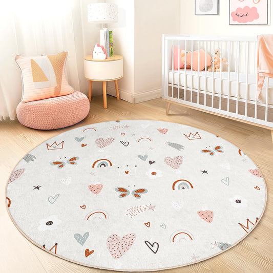 Colorful Butterflies and Hearts Round Kids Rug, Playful Nursery Carpet, Soft Round Rug for Baby Room, Cute Kids Decor