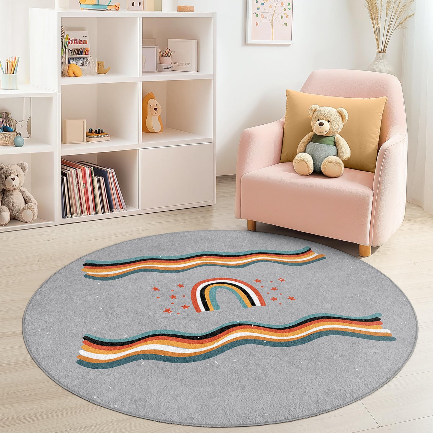 Runder Kinderteppich „Regenbogenwellen“, verspielter runder Teppich, farbenfrohe Kinderzimmerdekoration, weicher Kinderzimmerteppich, Spielmatte für Kinder