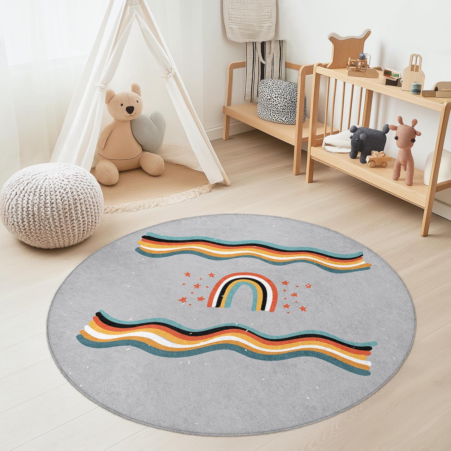 Runder Kinderteppich „Regenbogenwellen“, verspielter runder Teppich, farbenfrohe Kinderzimmerdekoration, weicher Kinderzimmerteppich, Spielmatte für Kinder
