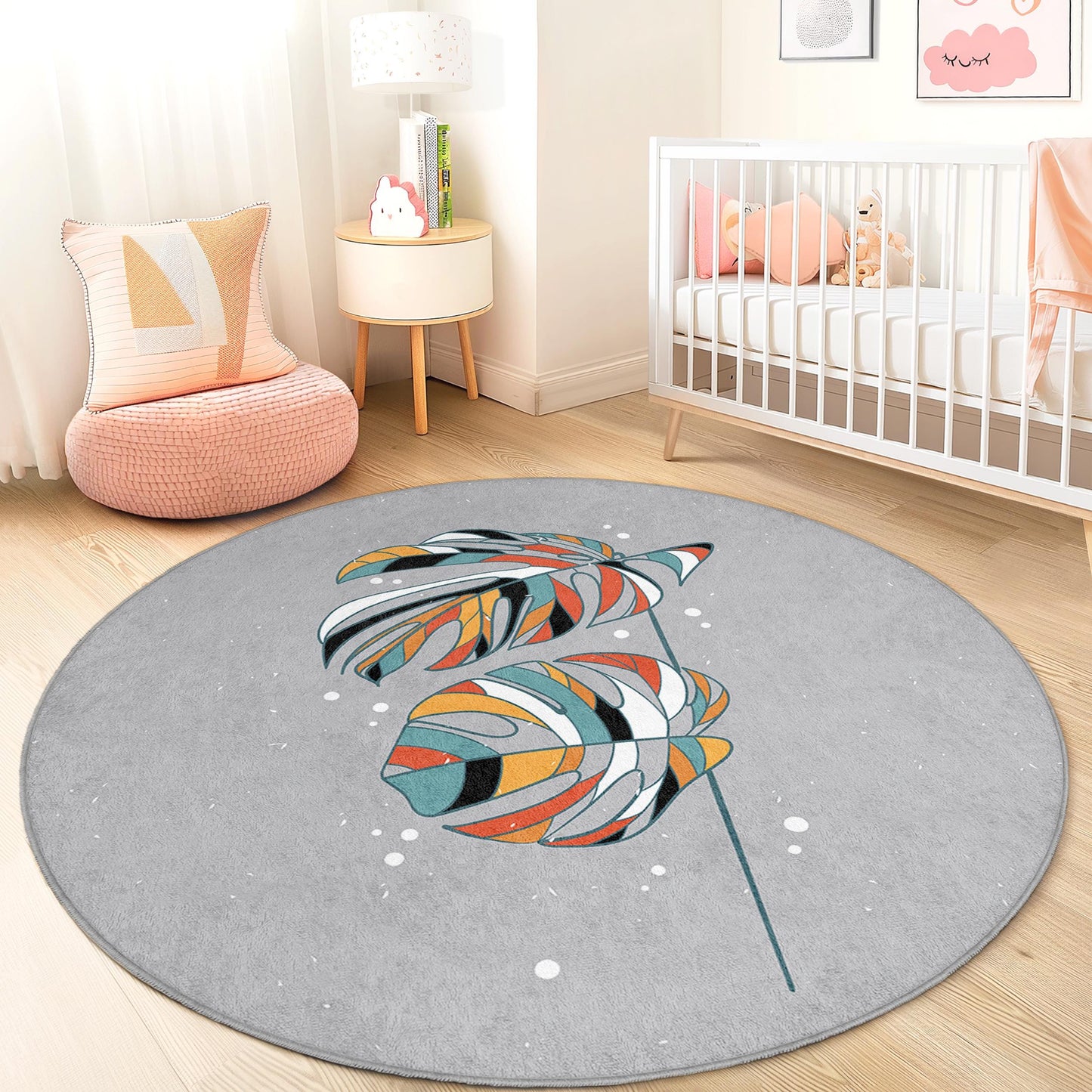 Runder Teppich mit buntem Tropenblattmuster, Kinderzimmerteppich im Bohème-Stil, weiche Spielmatte, Kinderzimmerdekoration, Spielzimmerteppich