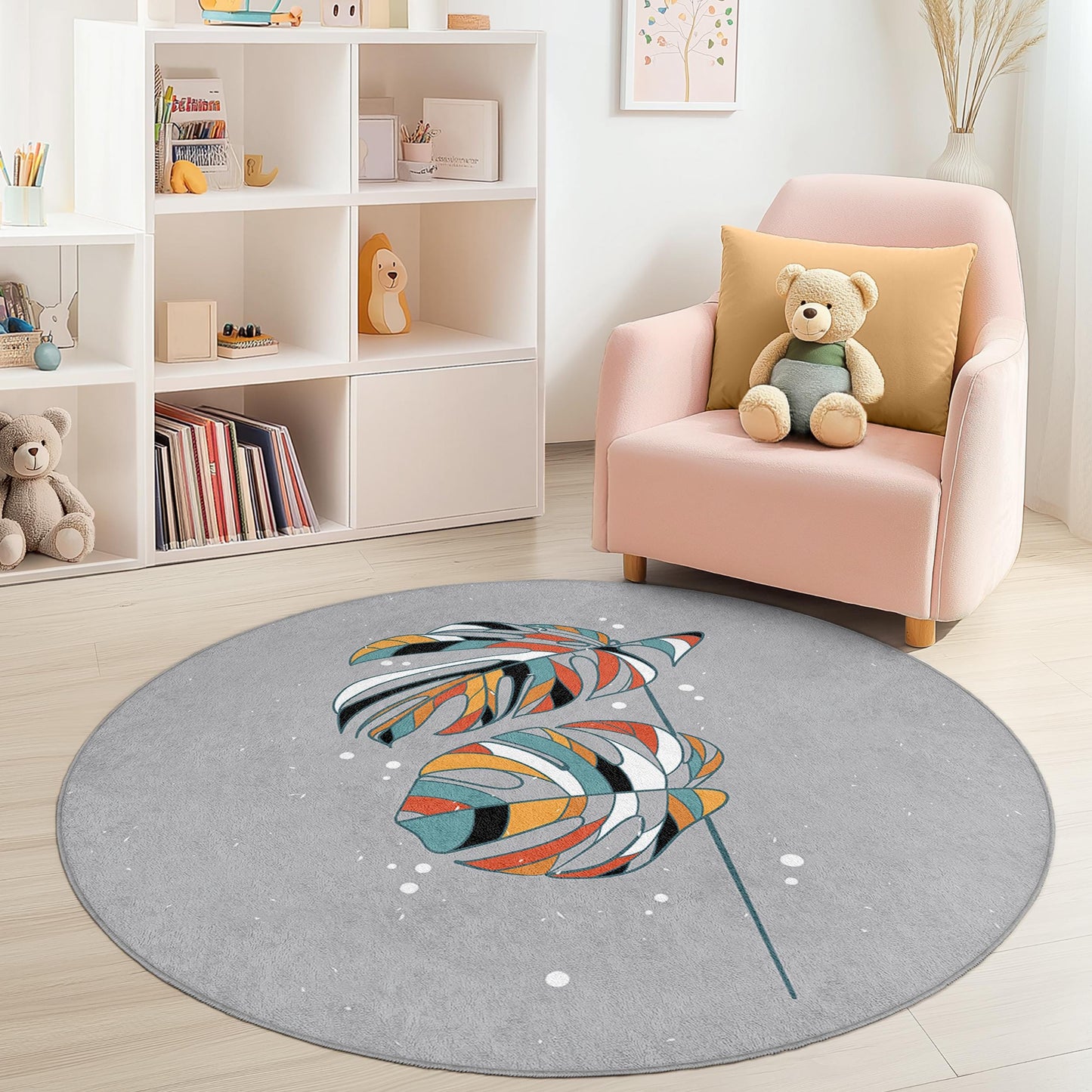 Runder Teppich mit buntem Tropenblattmuster, Kinderzimmerteppich im Bohème-Stil, weiche Spielmatte, Kinderzimmerdekoration, Spielzimmerteppich