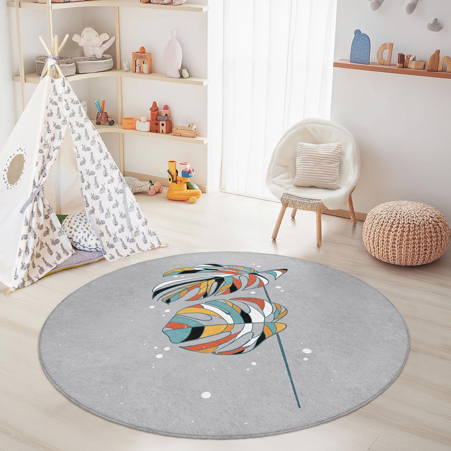 Runder Teppich mit buntem Tropenblattmuster, Kinderzimmerteppich im Bohème-Stil, weiche Spielmatte, Kinderzimmerdekoration, Spielzimmerteppich