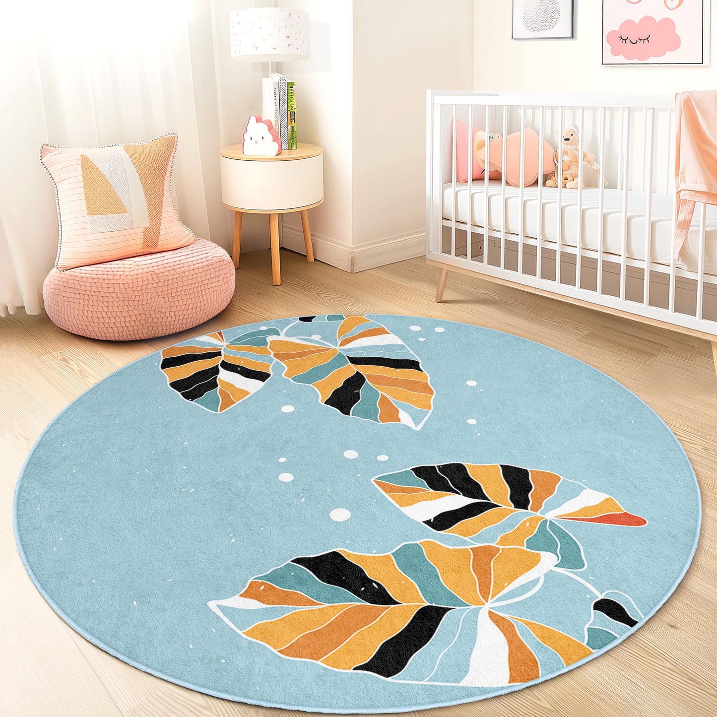 Runder Kinderteppich mit verspieltem Blättermuster, farbenfroher Blumenteppich, runder Spielzimmerteppich, weiche Kinderzimmerdekoration, fröhlicher Kinderzimmerteppich