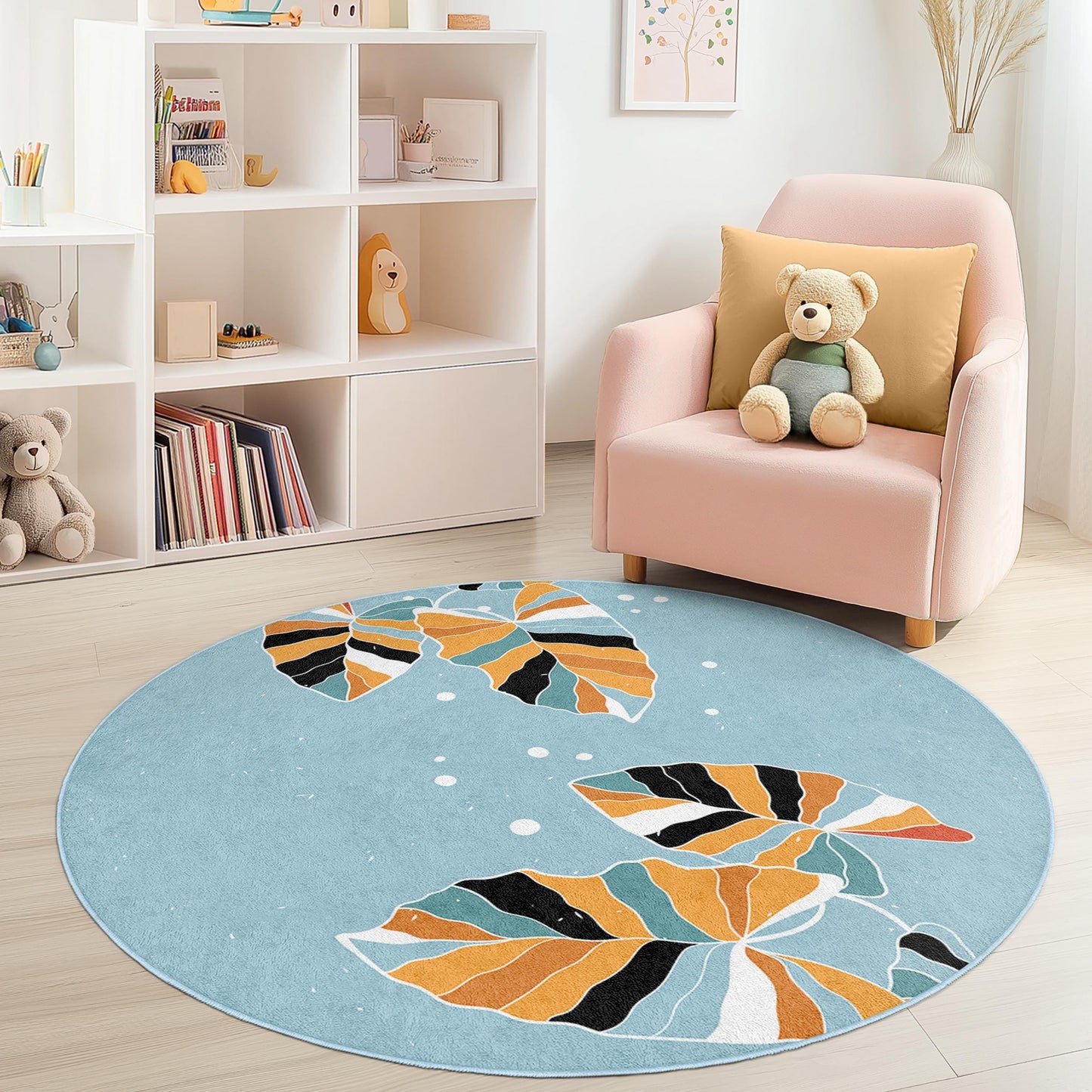 Runder Kinderteppich mit verspieltem Blättermuster, farbenfroher Blumenteppich, runder Spielzimmerteppich, weiche Kinderzimmerdekoration, fröhlicher Kinderzimmerteppich