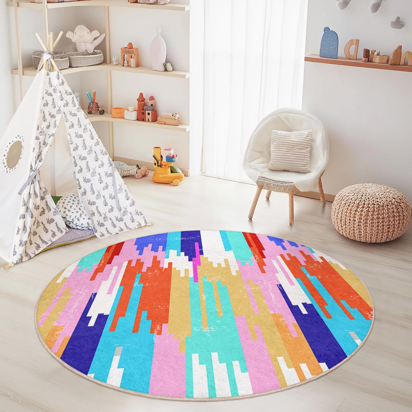 Bunter, abstrakter runder Kinderteppich, künstlerischer Spielzimmerteppich, weicher runder Teppich, Kinderzimmerdekoration, lebendige Spielmatte fürs Kinderzimmer