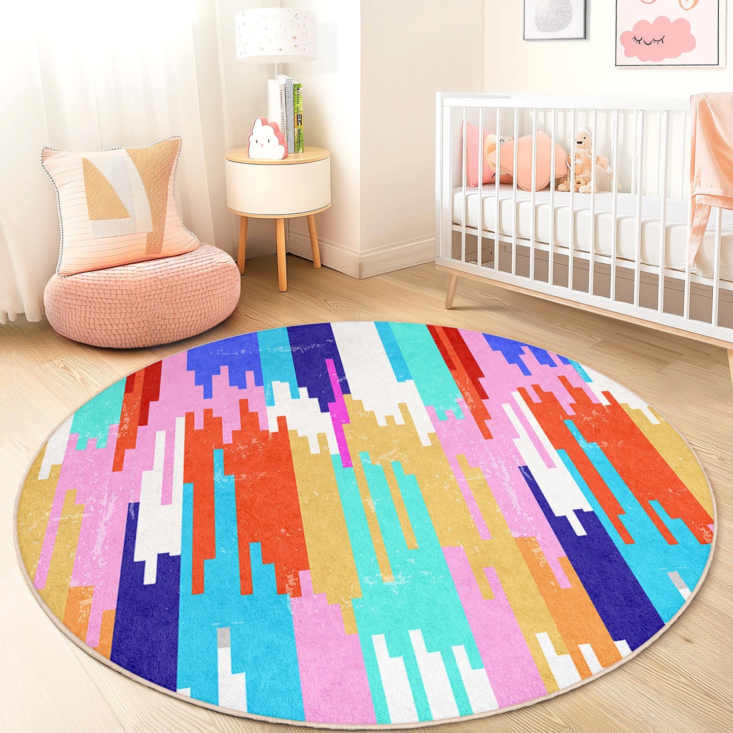 Bunter, abstrakter runder Kinderteppich, künstlerischer Spielzimmerteppich, weicher runder Teppich, Kinderzimmerdekoration, lebendige Spielmatte fürs Kinderzimmer