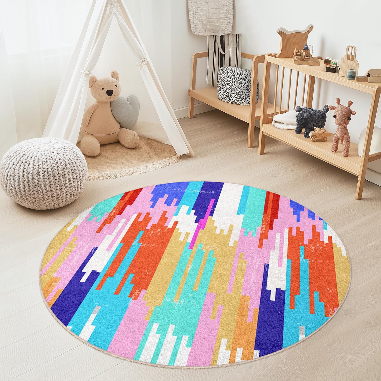 Bunter, abstrakter runder Kinderteppich, künstlerischer Spielzimmerteppich, weicher runder Teppich, Kinderzimmerdekoration, lebendige Spielmatte fürs Kinderzimmer