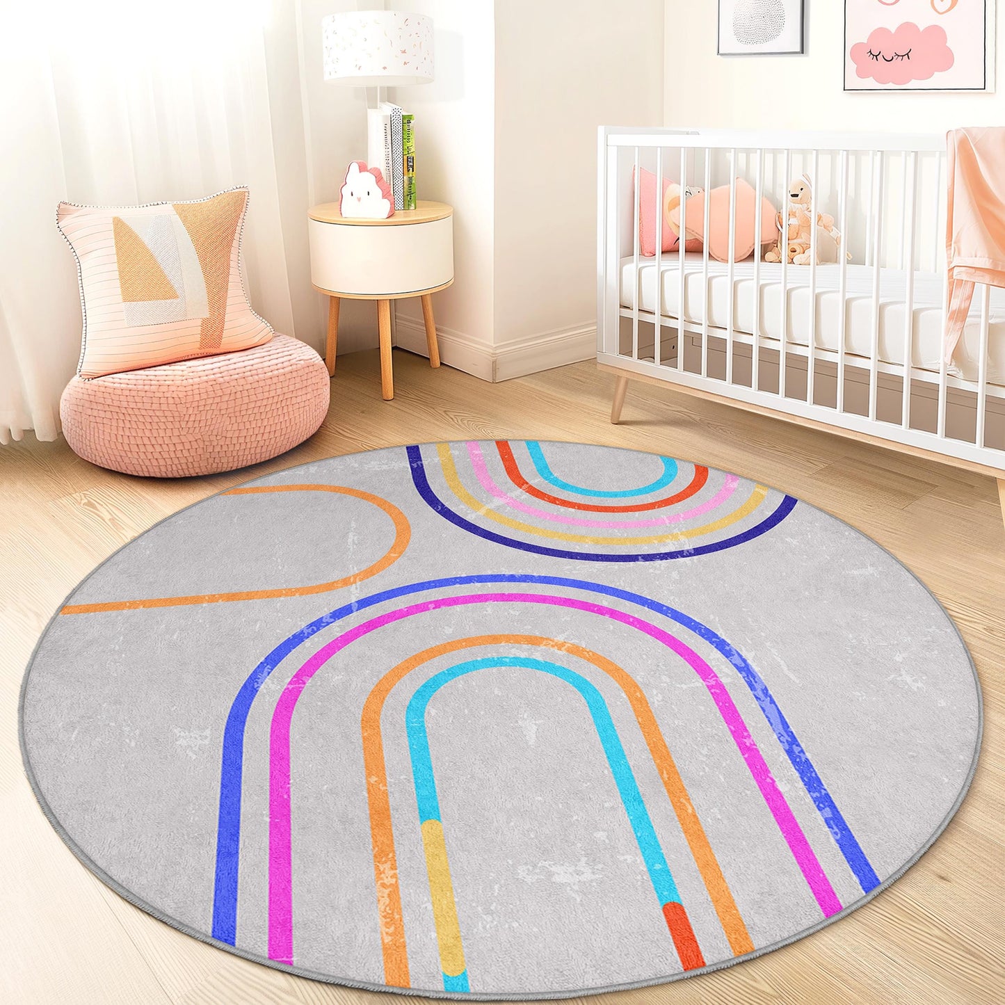 Bunter Regenbogen-Runder Kinderteppich, Verspielter Kreisteppich, Kinderzimmerdeko, Weiche Spielmatte, Kinderzimmerteppich, Lebendiger Kinderteppich