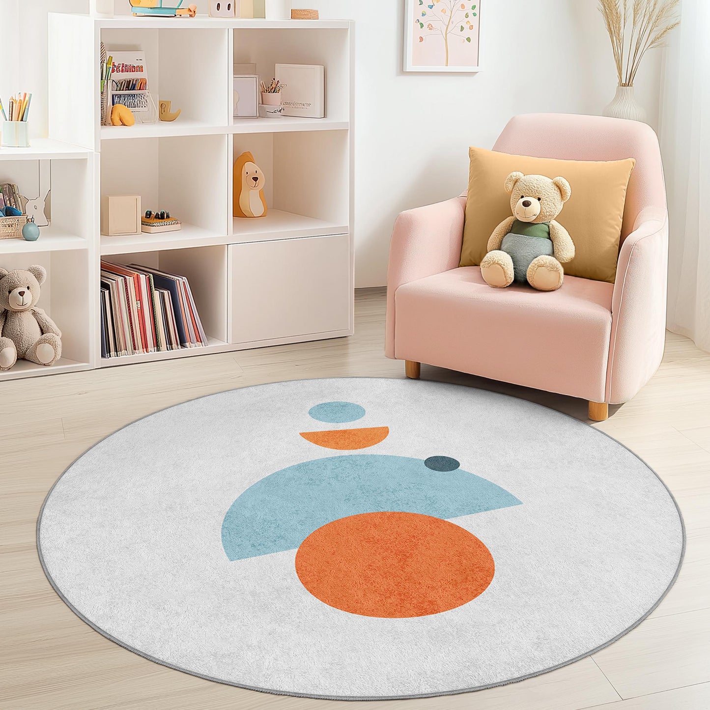 Runder Teppich mit bunten geometrischen Formen, Kinderzimmerdeko, Spielzimmerteppich, weicher runder Teppich, moderner Kinderzimmerteppich