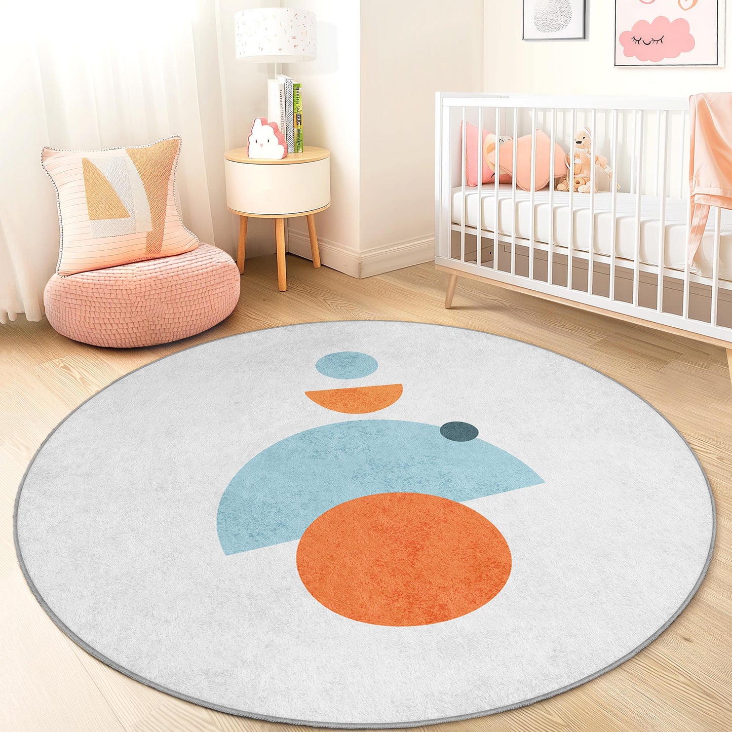Runder Teppich mit bunten geometrischen Formen, Kinderzimmerdeko, Spielzimmerteppich, weicher runder Teppich, moderner Kinderzimmerteppich