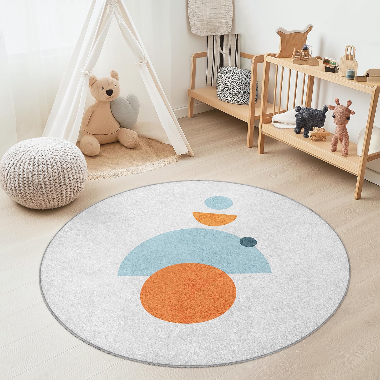 Runder Teppich mit bunten geometrischen Formen, Kinderzimmerdeko, Spielzimmerteppich, weicher runder Teppich, moderner Kinderzimmerteppich