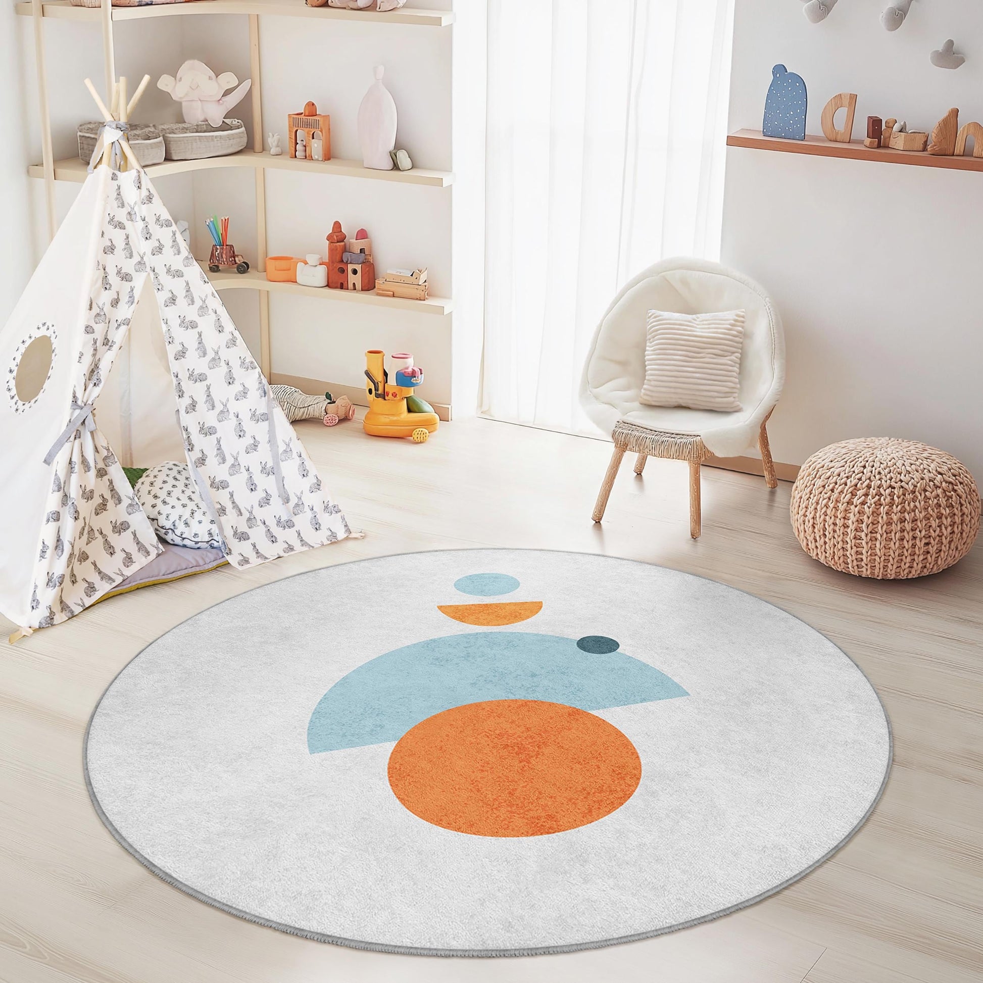 Colorful Geometric Shapes Round Rug, Kids Room Decor, Playroom Area Rug, Soft Round Carpet, Modern Nursery Rug