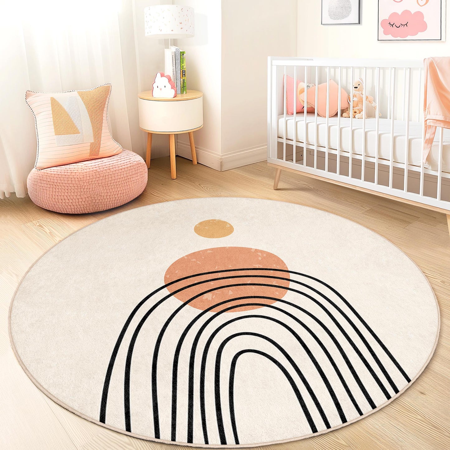 Regenbogenfarbener, abstrakter runder Teppich, Boho-Kinderzimmerdeko, Spielmatte fürs Kinderzimmer, weicher Spielzimmerteppich, moderner runder Teppich