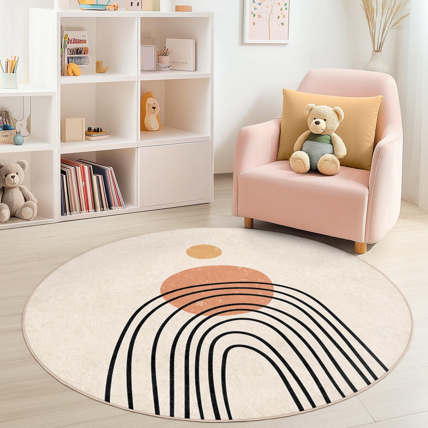 Regenbogenfarbener, abstrakter runder Teppich, Boho-Kinderzimmerdeko, Spielmatte fürs Kinderzimmer, weicher Spielzimmerteppich, moderner runder Teppich