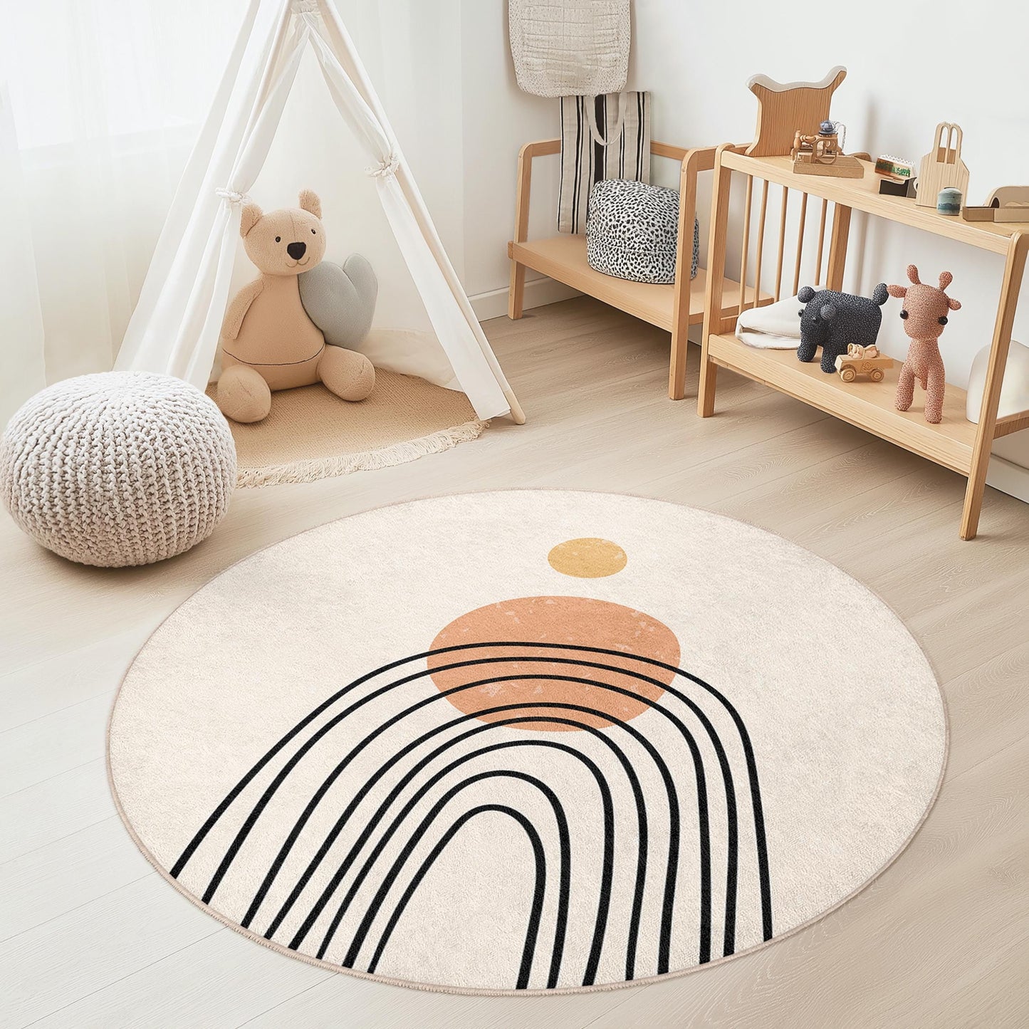 Rainbow Abstract Round Rug, Boho Kids Room Decor, Nursery Play Mat, Soft Playroom Carpet, Modern Round Area Rug
