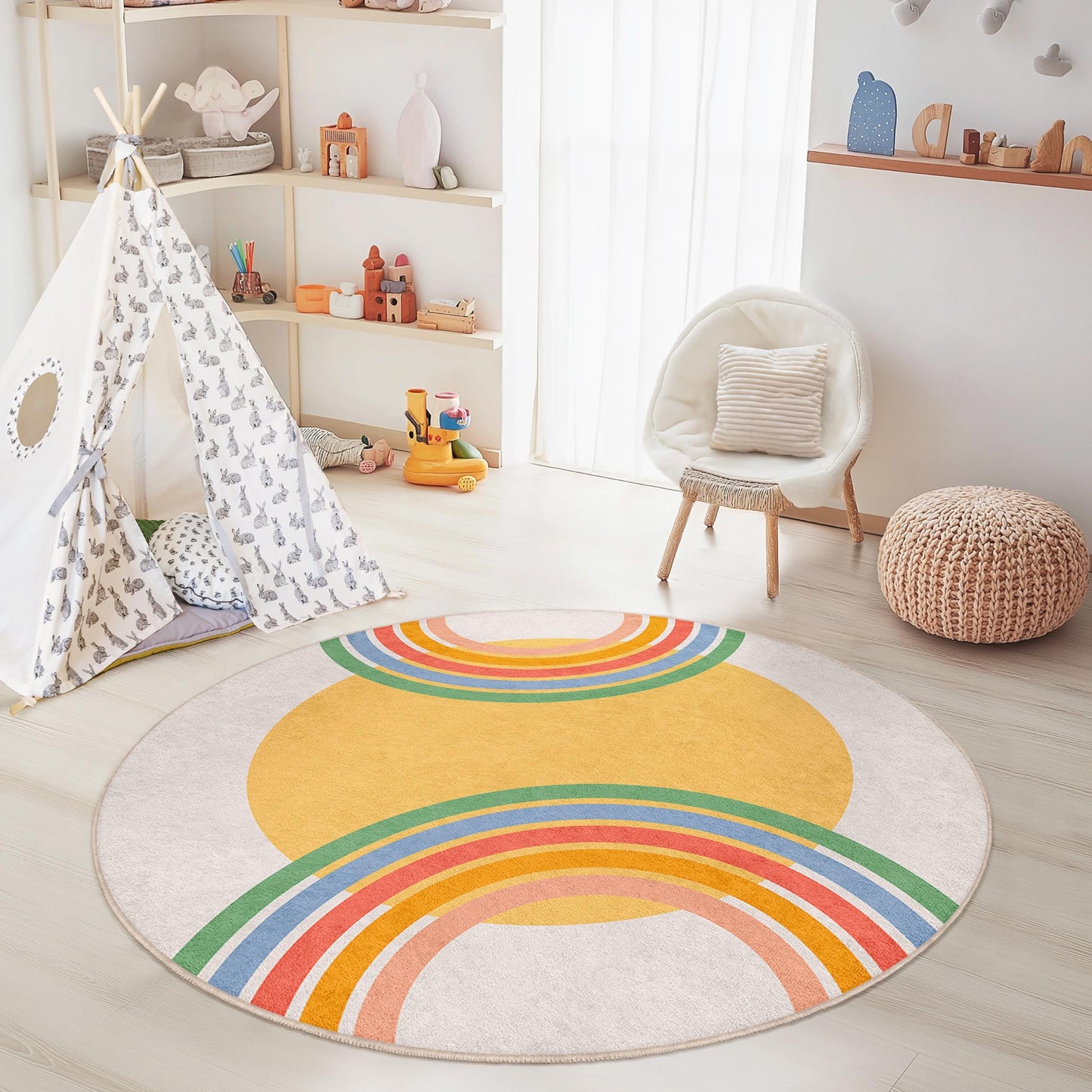 Regenbogenkreis-Spielteppich für Kinder, runder, bunter Kinderzimmerteppich, Spielzimmerdekoration, weicher Kinderteppich, Spielmatte für Kleinkinder, fantasievoller Spielteppich